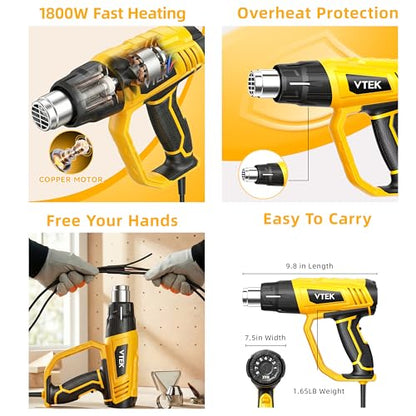 VTEK Heat Gun 1800W Hot Air Gun140℉-1202℉ Fast Heating Variable Temperature Control with 4 Nozzles for Shrinking PVC,Stripping Paint,Vinyl Wrap