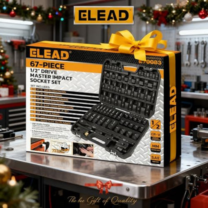 ELEAD 67 Piece 1/2" Drive Deep Impact Socket Set: Standard SAE (3/8"-1-1/4") & Metric (8-24 mm), Including 3 ", 5", 10" Extension Bar, Universal Joint, Ratchet Handle and Adapter - color: 67pcs 1/2'' Drive Impact Socket Set Black