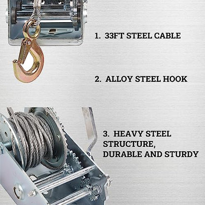 Hand Winch Boat Trailer Winch 2500lbs Heavy Duty Hook with 33ft Steel Cable, Two Way Ratchet Manual Operated Winch for Trailers ATV UTV Boat Marine - size: 2500lb with 33ft Steel Cable