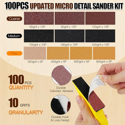 100PCS Micro Detail Sander Kit, 3-in-1 Precision Mini Finger Sander
