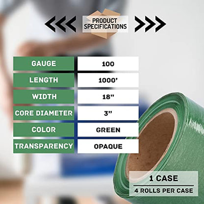 PSBM Dark Green Stretch Wrap, 4 Rolls 18 Inch x 1000 Feet 100 Gauge, Heavy Duty Plastic Wrap Industrial Strength Shrink Film for Moving, Packing & Shipping - color: Green, size: 4 Rolls