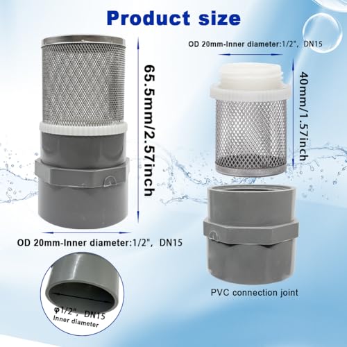 1/2" inch stainless steel filter cover connected to 1/2" grey pvc filter DN15 water pipe, suction strainer used to remove debris and reduce solid entry(1pcs) - size: 1/2"DN15