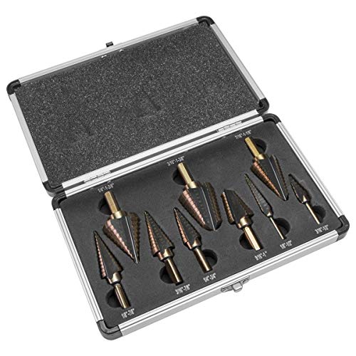 XtremepowerUS 9-Piece HSS Titanium Step Drill Bit Set, SAE Step Bits for Metal, Wood & Plastic, Double-Flute Spiral Design with Aluminum Storage Case - size: Extra Large