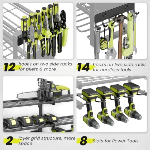 Power Tool Organizer Wall Mount with Charging Station, 8 Drill Holders - size: 32.8" Width 3-Tier