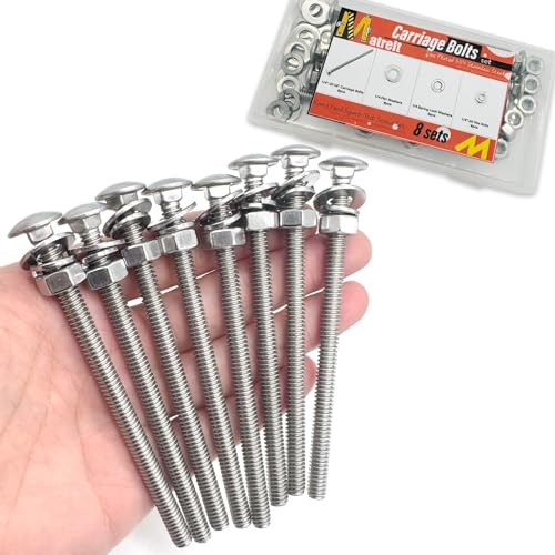 8 Sets 1/4"-20 x4 Carriage Bolts Round Head Square Neck Screws with Hex Nuts Flat Washers Spring Lock Washers 304 Stainless Steel Full Thread Coverage Square Neck Bolts Assortment Kit - size: 1/4"-20 x4"-8 Sets