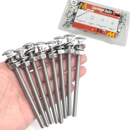 8 Sets 1/4"-20 x4 Carriage Bolts Round Head Square Neck Screws with Hex Nuts Flat Washers Spring Lock Washers 304 Stainless Steel Full Thread Coverage Square Neck Bolts Assortment Kit - size: 1/4"-20 x4"-8 Sets