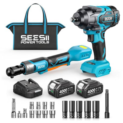 Seesii 1/2" Impact Wrench & 3/8" Ratchet Combo Kit for Auto Repair - size: 1000 N.m