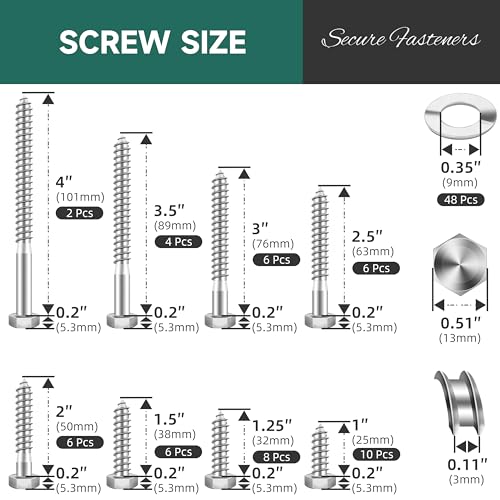 96Pcs 5/16" Hex Head Lag Screws, 304 Stainless Steel Wood Screws with Washers Kit with Socket, Bright Finish 5/16 Lag Bolts for Outdoor Woodworking - color: Silver, size: 5/16 Kit