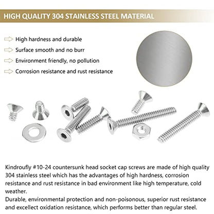 152 Pieces #10-24 x 5/16", 3/8", 1/2", 5/8", 3/4", 1", 1-1/4", 1-1/2", Countersunk Head Socket Cap Screws Nuts Washers Assortment Kit, 304 Stainless Steel, Fully Machine Thread - size: #10-24, style: Countersunk Head