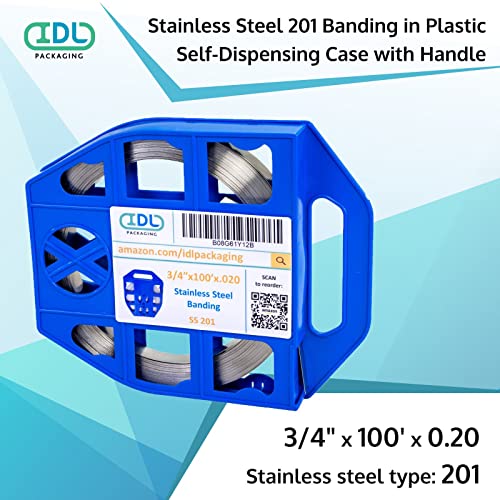 IDL Packaging 3/4" x 100' x .020" Stainless Steel 201 Banding in Plastic Self-Dispensed Case - Highest Break Strength and Shock Resistance Banding - Excellent for Extra Cold Environments - size: 3/4" x 100' x 0.020", style: 201 stainless steel