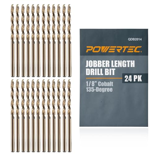 POWERTEC 1/8" Cobalt Drill Bits - 24 Pack - 2-3/4" Length - M35 HSS Jobber Length Twist Bits with 135° Tip for Drilling Wood, Metal, Stainless Steel, Nickel Alloy, Cast Iron & Plastic (QDB2014-P2) - style: 24PK 1/8" Cobalt Drill Bit (2-3/4" L)