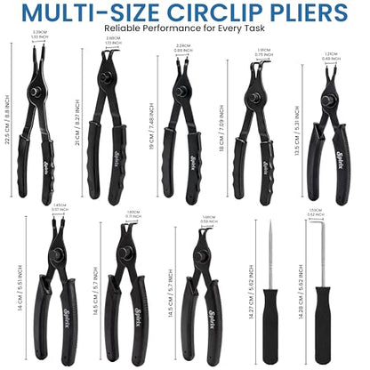 Snap Ring Pliers Set 10 Piece Kit Heavy Duty, Internal External Circlip
