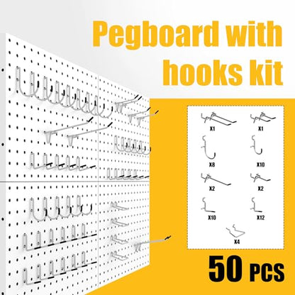Spampur Peg Board, 4 Pack Metal Pegboard Panels with 50 Hooks - color: White, size: 16x12"- 4 Pcs