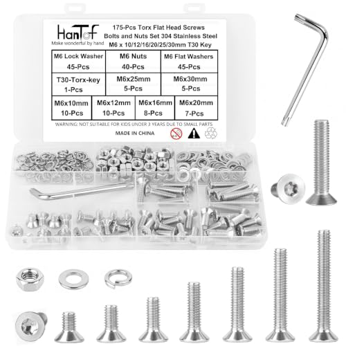 175Pcs M6 Torx Bolts and Nuts Set, Countersunk Head Torx Screws Bolts, Flat Head Machine Screws, Security Anti-Theft Screw, 304 Stainless Steel, Full Thread Pitch : 1.0 mm, with T30 Wrench. - color: Stainless Steel, size: M6 Torx Flat Kit