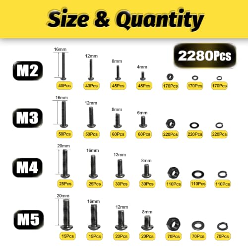 2280PCS M2M3M4M5 Metric Hex Socket Button Head Screws Assortment Kit - size: M2-M5 2000Pcs