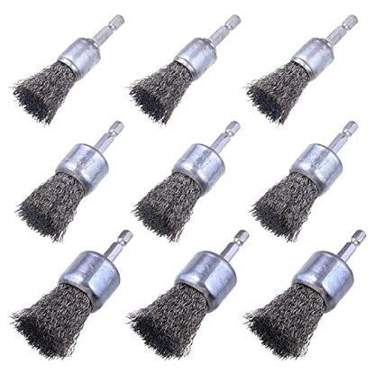 9 Pcs Wire Brush Wheel for Drill, Wire Brush for Drill 1-Inch Crimped End Wire Brushes 1/4" Hex Shank for Paint-Surface and Small Spaces - style: 9 Pcs wire end brush