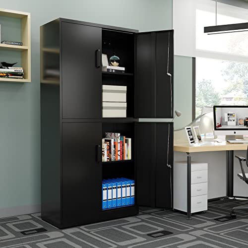 Metal Storage Cabinets with Locking Doors,71" Tall Garage Cabinet with 3 Adjustable Shelves, Lockable Steel Office Storage Caninet Tool Caninets for Home Office,Garage, Pantry - color: Black, size: 71"H x 32"W x 16"D-D
