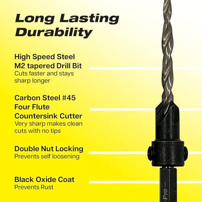 Countersink Drill Bit Set – 5pc Self-Centering Woodworking Bits with 4 Flutes, M2 HSS Material, 1/4" Hex Change, Depth Collar, Includes 2 Free Tapered Bits for Precision Drilling – #6 (9/64") - style: 5 Pc #6(9/64")