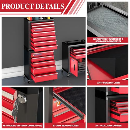 LARBANKE 12-Drawer Rolling Tool Chest with Wheels,Lockable Tool Cabinet - color: Red, size: 12 drawer tool chest
