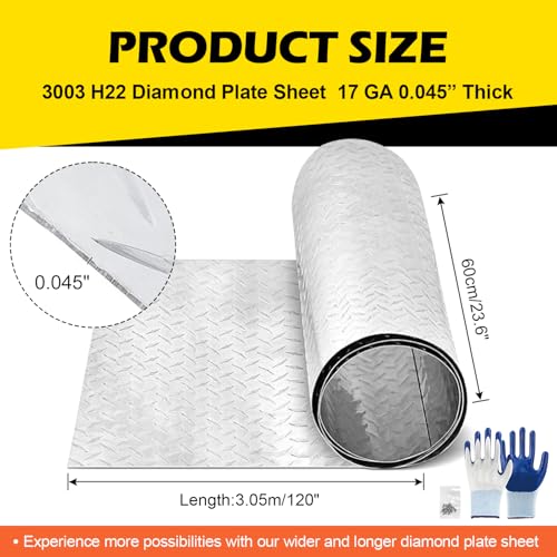 Diamond Plate Aluminum Sheet – 3003 H22, 17GA 0.045" Thick, Heavy-Duty Aluminum Sheet Metal 24" x 120", Rust-Resistant Metal Panel for Kitchen, Bathroom, Walk-In Refrigerators, Trailers & DIY Projects - size: 24" x 120"
