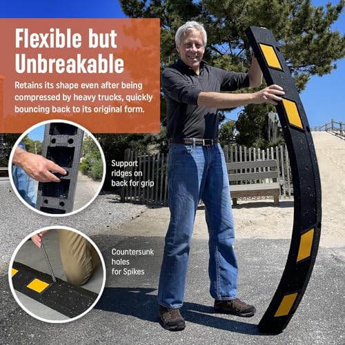 SmartSign Rubber Parking Curb, (Pack of 10) Heavy Duty Parking Stops with Yellow Reflective Stripe Chevrons, 72" Long (6ft), Wheel Stops for Parking Lots/Garage/Cars/Trucks, Pre-Drilled Holes - color: 2. Black/Yellow Pack of 10