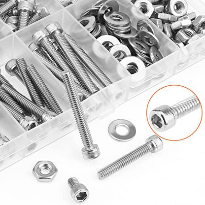 HELIFOUNER 200 Pieces #8-32 x 1/4" 5/16" 3/8" 1/2" 5/8" 3/4" 1" 1-1/4", Hex Socket Head Cap Screws Bolts Washers Nuts Kit, Coarse Thread, Fully Machine Threaded, 304 Stainless Steel - size: #8-32, style: Socket Head