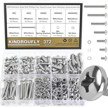 372 Pieces M4 x 6/8 /12/16 /20/25 /30mm Phillips Pan Head Machine Screws Nuts Washers Assortment Kit, 304 Stainless Steel, Fully Machine Thread - size: M4, style: Phillips Pan Head