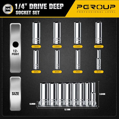 1/4 Inch Drive Socket Set - 8 Piece Metric 12-Point Deep Socket Set (6mm, 7mm, 8mm, 9mm, 10mm, 11mm, 12mm, 13mm)- Chrome Vanadium Steel with Sturdy Holder - 50BV30 - size: 1/4-12PT-8PC