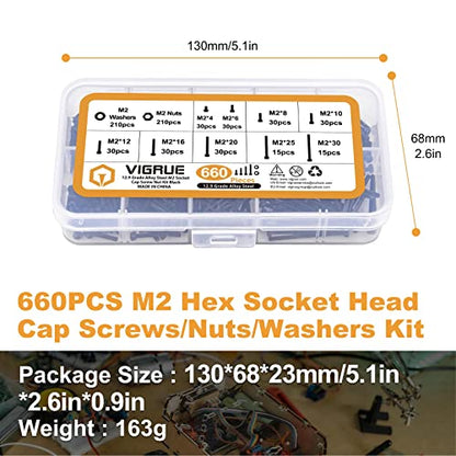 660Pcs M2 Screws Set Black, M2 x 4/6/8/10/12/16/20/25/30mm Hex Socket Head Cap Screws Nuts Washers Assortment Kit, 12.9 Grade Alloy Steel Assorted Screws, Fully Machine Threaded, Allen Socket Drive - size: M2 Socket black