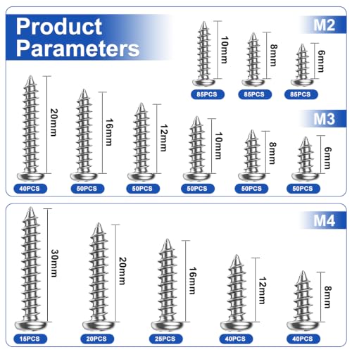 Taiss 685PCS M2 M3 M4 Phillips Pan Head Self Tapping Wood Screws Assortment Kit,14 Sizes Self Tapping Screws for Plastic,Cross Recessed Sheet Metal Screws for Wood,Plastic(Silver) - size: 684PCS