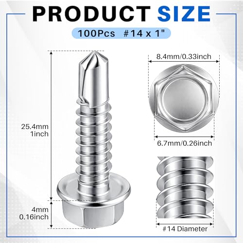 Zonon 100 Pcs #14 x 1 Self Tapping Screws, 410 Stainless Hex Washer Head - color: Silver, size: #14 x 1