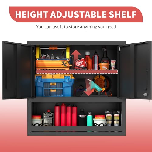 Garage Wall Cabinet with 2 Locking Doors and Shelf Metal Storage Cabinet - color: Black, style: 2 doors wall cabinet