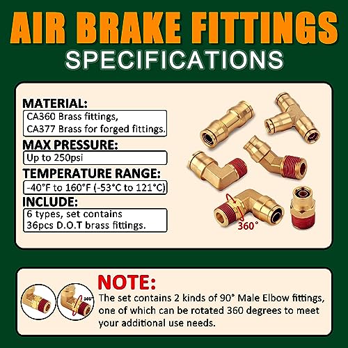 37Pcs Brass DOT Air Brake Line Fittings Kit,1/4" 3/8" 1/2" NPT - color: 37pcs BRASS DOT AIR BRAKE FITTINGS