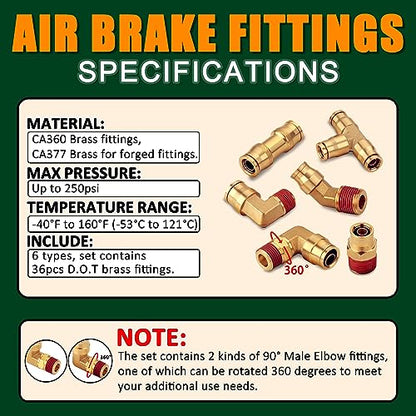 37Pcs Brass DOT Air Brake Line Fittings Kit,1/4" 3/8" 1/2" NPT - color: 37pcs BRASS DOT AIR BRAKE FITTINGS