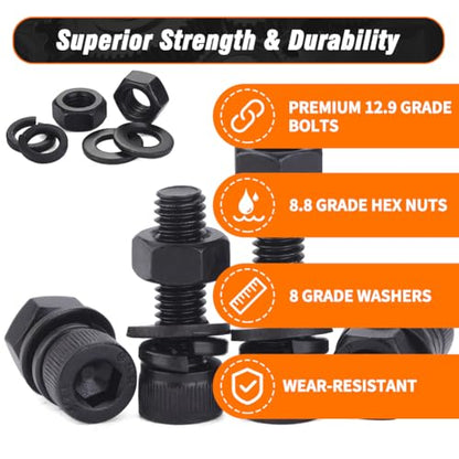 12.9 Grade M5 Screws Assortment Kit, 256pcs Bolts and Nuts Washers Set - size: M5 Bolts and Nuts Washers 10-40mm