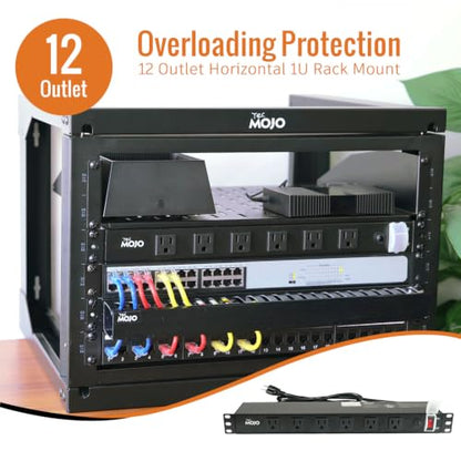 Tecmojo 1U Rackmount Network-Grade PDU, 12 Wide-Spaced Right Angle Outlets, Circuit Breaker 12A (UL Certified 12A) 6ft Cord w/ 5-15P Plug, Black(SKU# 13111201) - size: 12 Outlets/12A/Overloading Protection
