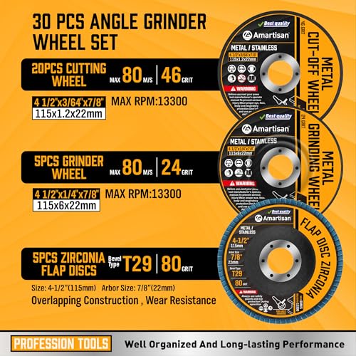 AMARTISAN 30-Pack Angle Grinder Wheels & Flap Discs 4-1/2" Inches - 20 Pack 4.5"x1/4"x7/8" Cut off Wheels, 5 Pack 4.5"x7/8" 80 Grit Flap Discs, 5 Pack 4.5"x3/64"x7/8" Grinding Wheels ﻿