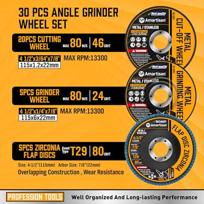 AMARTISAN 30-Pack Angle Grinder Wheels & Flap Discs 4-1/2" Inches - 20 Pack 4.5"x1/4"x7/8" Cut off Wheels, 5 Pack 4.5"x7/8" 80 Grit Flap Discs, 5 Pack 4.5"x3/64"x7/8" Grinding Wheels ﻿