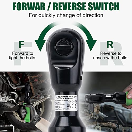 Dotool 3/8" Air Ratchet Wrench 50 ft-lbs Max Torque Output Professional Pneumatic Aluminum 160 RPM Comfort Grip, Lightweight, Compact, Forward/Reverse Control - color: Bright Green