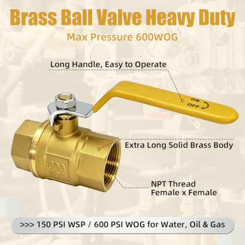 2 Pack 1-1/4" Brass Ball Valve, Industrial Full Port NPT Female Shut Off Valve, Heavy Duty Brass Valve with Smooth Operation, 600 WOG for Water, Oil, Gas & Fluid Control Applications - size: 1-1/4 Inch