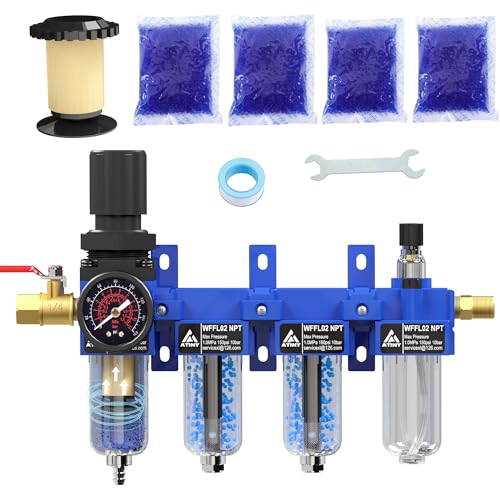 1/4"NPT Air Filter Regulator Lubricator Combo, Air Regulator and Water Separator,Air Compressor Water Separator,5 Micron Brass Filter Cartridge,Double Desiccant Dryers-Blue - color: 4 Stage, size: 1/4'' NPT
