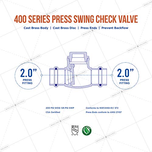 Midline Valve 622S224 Swing Check Valve, Backflow Prevention, Lead-Free 2 in. Press Connections, Cast Brass, 2 - size: 2 in., style: Single Pack
