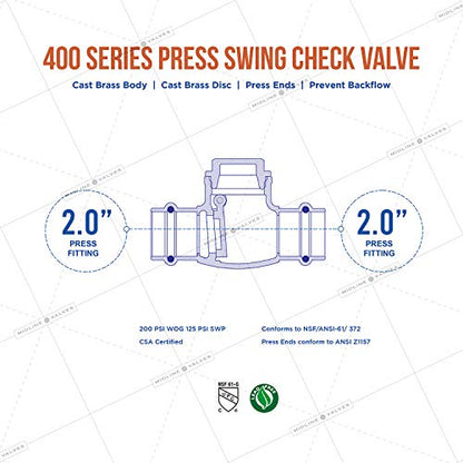 Midline Valve 622S224 Swing Check Valve, Backflow Prevention, Lead-Free 2 in. Press Connections, Cast Brass, 2 - size: 2 in., style: Single Pack