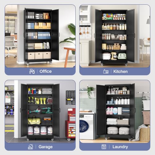 72"Metal Garage Storage Cabinets with Wheels & Adjustable 4 Shelves - color: Black, size: 72"H x 33.5"W x 17.7"D