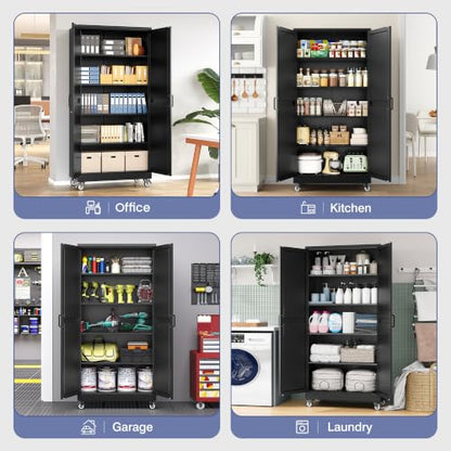 72"Metal Garage Storage Cabinets with Wheels & Adjustable 4 Shelves - color: Black, size: 72"H x 33.5"W x 17.7"D