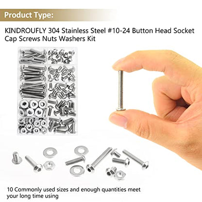 152 Pieces #10-24 x 1/4", 5/16", 3/8", 1/2", 5/8", 3/4", 1", 1-1/4", Button Head Socket Cap Screws Nuts Washers Assortment Kit, 304 Stainless Steel, Fully Machine Thread - size: #10-24, style: Button Head