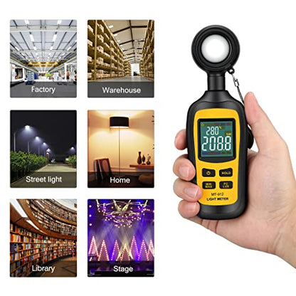 Light Meter Digital Illuminance Meter Handheld Ambient Temperature Measurer, Range up to 200,000 Lux, Luxmeter with 4 Digit Color LCD Screen