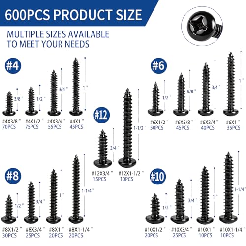 600 PCS 304 Stainless Steel Wood Screws Assortment Kit,Assorted Sheet Metal Screws #4/#6/#8/#10/#12 Phillips Pan Head Self-Tapping Screws Set,Assorted Wood Screws, Length 3/8" to 1-1/2" (Black) - color: Black