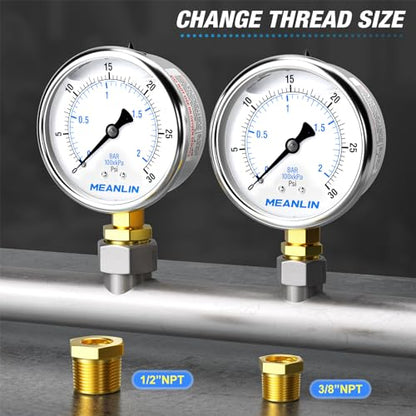 MEANLIN MEASURE 0~30Psi Stainless Steel 1/4" NPT 2.5" FACE DIAL,Liquid Filled Pressure Gauge,WOG Water Oil Air Lower Mount (Pack of 2), with 1/2" NPT and 3/8" NPT Hex Bushing - size: 0-30Psi (2Pcs)
