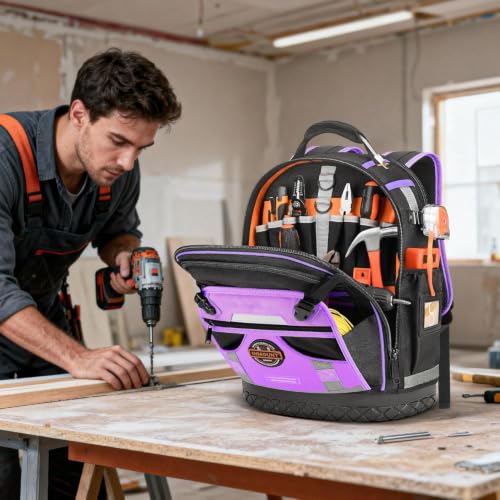 Tool Backpack Bag, Electrician Tool Bag 78-Pockets & Loops Tools Bag HVAC Tool Bags for Men, Heavy Duty Storage Construction tools Backpack (style1-Purple) - color: Purple